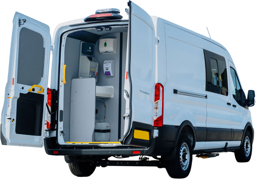Completed vehicle conversion with rear doors open and inspection checkpoints